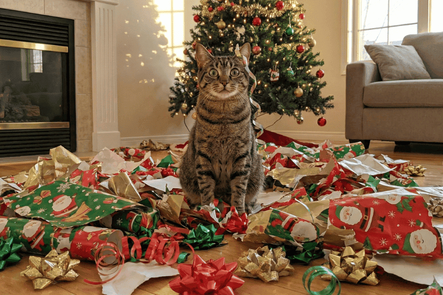 A Very Delco Cat Holiday - Cat with gift paper everywhere 